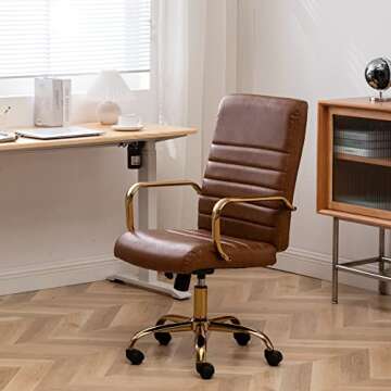 BTEXPERT Brown Vintage Faux Leather Adjustable Home Office Golden Arms Exectuive Chair High Back Manager Desk Armchair, (5162BN)