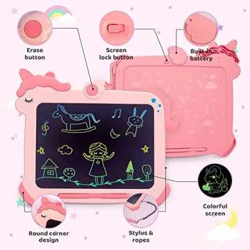 Kikapabi LCD Writing Tablet for Kids, Unicorn Colorful Screen Doodle Board, Electronic Drawing Pad, Educational Toy, Toddlers Travel Toy, Christmas Birthday Gift for 3 4 5 6 7 Year Old Girls Pink