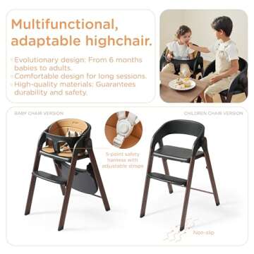 KUB High Chair for Babies and Toddlers Adjustable Foldable Convertible 5 Point Harness Easy Clean Wo...