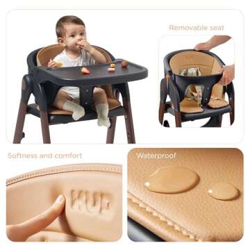 KUB High Chair for Babies and Toddlers Adjustable Foldable Convertible 5 Point Harness Easy Clean Wood-Printed Metal with Removable Tray Baby Highchair for Family (Black&Walnut Wood-Printed Metal)