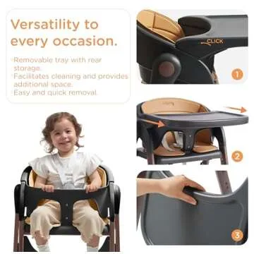 KUB High Chair for Babies and Toddlers Adjustable Foldable Convertible 5 Point Harness Easy Clean Wood-Printed Metal with Removable Tray Baby Highchair for Family (Black&Walnut Wood-Printed Metal)