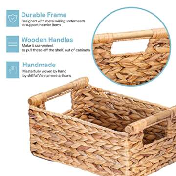 VATIMA Hyacinth Small Wicker Basket 11.6x8.1x4.9" - Bathroom Organizer, Wooden Handle, Decorative Storage