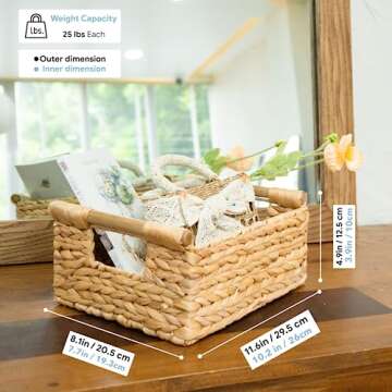 VATIMA Hyacinth Small Wicker Basket 11.6x8.1x4.9" - Bathroom Organizer, Wooden Handle, Decorative Storage