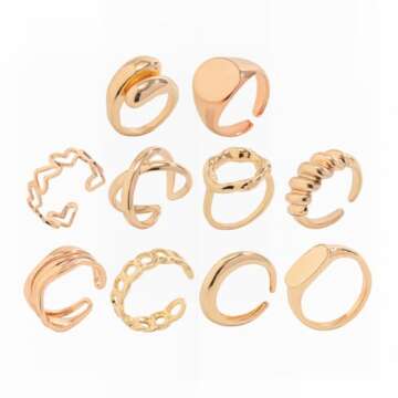 ZMANYIJEW 3/4/10PCS Gold Chunky Rings Set 14K Gold Adjustable Open End Ring for Women Thick Dome Chu...