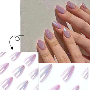 Press On Nails Medium Length with Aurora Glitter Design Fake Nails Almond Oval Acrylic False Nails Glossy Stick on Nails Full Cover Artificial False Nail Accessories for Women and Girls 24Pcs