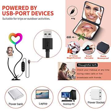 Heart Shaped RGB Ring Light 6 inch with Clip and Mirror for Desk Live Stream, Makeup, Cute Colorful Selfie Ring Light with 360°Rotating Phone Holder and 3+32 RGB Modes for Phones & Laptop