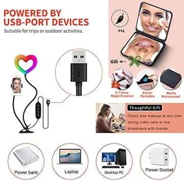 Heart Shaped RGB Ring Light 6 inch with Clip and Mirror for Desk Live Stream, Makeup, Cute Colorful Selfie Ring Light with 360°Rotating Phone Holder and 3+32 RGB Modes for Phones & Laptop