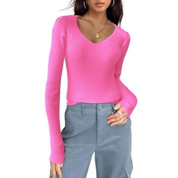 Zeagoo Sweaters for Women Fall Fahion 2024 V Neck Long Sleeve Shirts Fitted Ribbed Sweater Puff Tops...