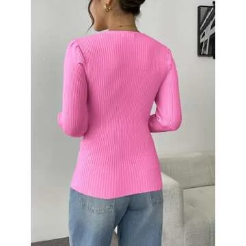 Zeagoo Sweaters for Women Fall Fahion 2024 V Neck Long Sleeve Shirts Fitted Ribbed Sweater Puff Tops Rose S