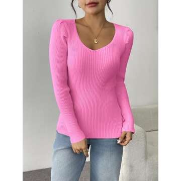 Zeagoo Sweaters for Women Fall Fahion 2024 V Neck Long Sleeve Shirts Fitted Ribbed Sweater Puff Tops Rose S