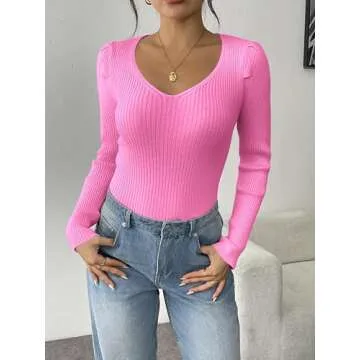 Zeagoo Sweaters for Women Fall Fahion 2024 V Neck Long Sleeve Shirts Fitted Ribbed Sweater Puff Tops Rose S