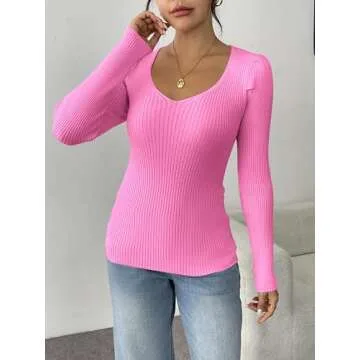 Zeagoo Sweaters for Women Fall Fahion 2024 V Neck Long Sleeve Shirts Fitted Ribbed Sweater Puff Tops Rose S