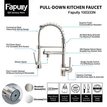 Fapully Kitchen Sink Faucet - Contemporary Spring Design Pull Down Sprayer