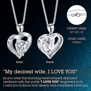 ONLYLIKE Heart Pendant Necklace Gifts for Wife, Engraved 'I LOVE YOU' Gift for Wife, 3 Carat Moissanite Necklace, Anniversary Eternity Jewelry Present for Wife, Birthday Gifts for Women