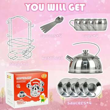 Timy Kids Tea Party Set 14pcs for Girls, BPA Free Stainless Steel Tea Set Pretend Kitchen Toys
