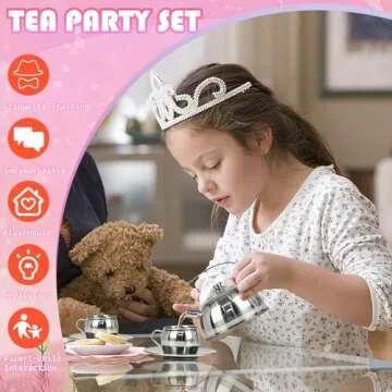 Timy Kids Tea Party Set 14pcs for Girls, BPA Free Stainless Steel Tea Set Pretend Kitchen Toys