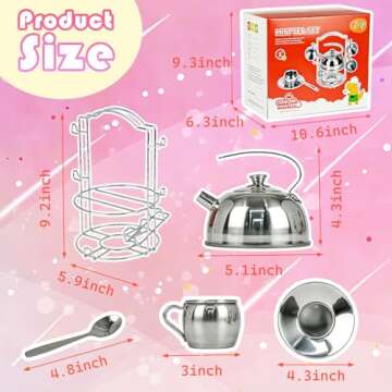 Timy Kids Tea Party Set 14pcs for Girls, BPA Free Stainless Steel Tea Set Pretend Kitchen Toys