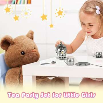 Timy Kids Tea Party Set 14pcs for Girls, BPA Free Stainless Steel Tea Set Pretend Kitchen Toys