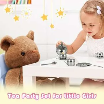 Timy Kids Tea Party Set 14pcs for Girls, BPA Free Stainless Steel Tea Set Pretend Kitchen Toys