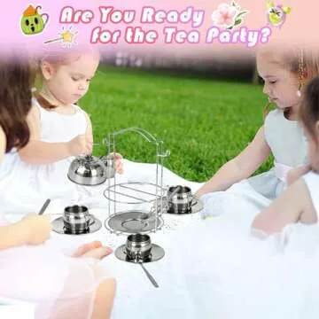 Timy Kids Tea Party Set 14pcs for Girls, BPA Free Stainless Steel Tea Set Pretend Kitchen Toys