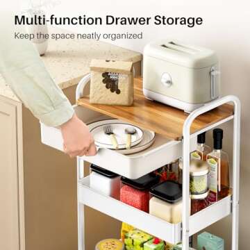 Rolling Utility 3 Tier Cart with Wheels - Versatile Slide Drawer and Wood Tabletop, White