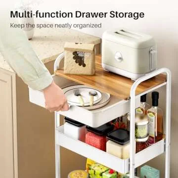 Rolling Utility 3 Tier Cart with Wheels - Versatile Slide Drawer and Wood Tabletop, White