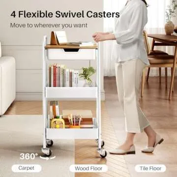 Rolling Utility 3 Tier Cart with Wheels - Versatile Slide Drawer and Wood Tabletop, White