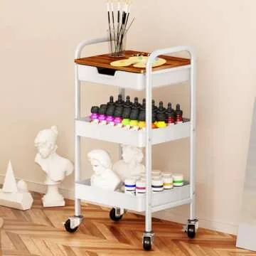 Rolling Utility 3 Tier Cart with Wheels - Versatile Slide Drawer and Wood Tabletop, White