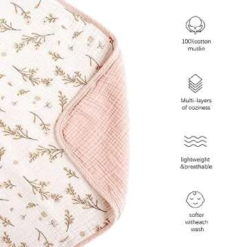 Konssy Muslin Baby Blankets for Girls Boys, 100% Cotton Crib Blanket for Infant Toddler, Super Soft and Lightweight Nursery Swaddling Wrap 40"x36" (Floral)