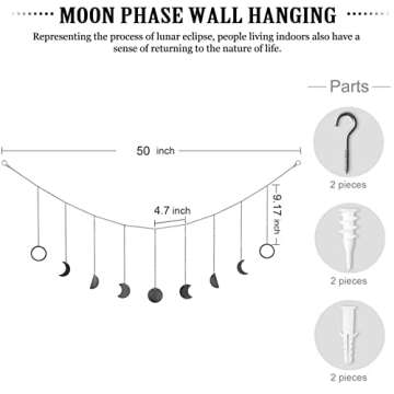 Mkono Moon Phase Wall Hanging Boho Aesthetic Room Decor Metal Moons Garland Hanging Art Bohemian Home Decoration for Girls Room Nursery Bedroom Livingroom Dorm, Ideal, Black, 50"