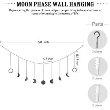 Mkono Moon Phase Wall Hanging Boho Aesthetic Room Decor Metal Moons Garland Hanging Art Bohemian Home Decoration for Girls Room Nursery Bedroom Livingroom Dorm, Ideal, Black, 50"