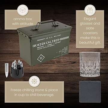 Titan LSO Whiskey Glasses and Stones in Unique Tactical Box Display | Bourbon Cocktail Cups, Coasters and Tongs | Gifts for Men | Glass Set
