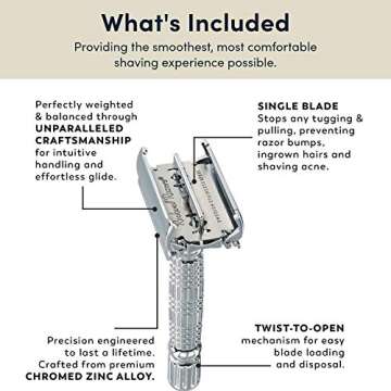 ROCKWELL RAZORS R1 Safety Razor in White Chrome Finish, Butterfly Open Mechanism with 5 Double Edge Blades