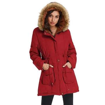 GRACE KARIN Women's Winter Thicken Coat Warm Jacket Fleece Parkas Anroaks Coats Strong Red S