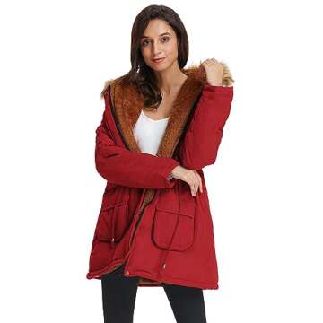 GRACE KARIN Women's Winter Thicken Coat Warm Jacket Fleece Parkas Anroaks Coats Strong Red S