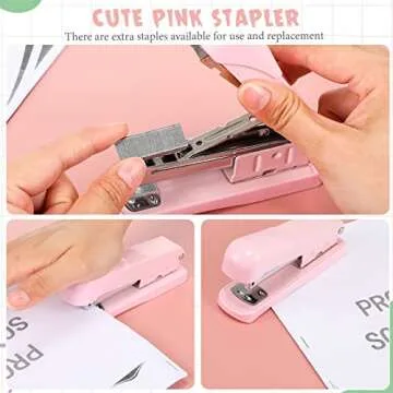 Sabary Desk Accessory Kit Office Supplies Set of Stapler, Staple Remover, Binder Clips, Paper Clips, Push Pins, Staples, Ballpoint Pen, Scissors, Tape Dispenser, Pen Holder for Gift(Pink)