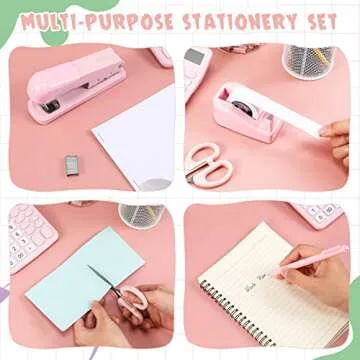 Sabary Desk Accessory Kit Office Supplies Set of Stapler, Staple Remover, Binder Clips, Paper Clips, Push Pins, Staples, Ballpoint Pen, Scissors, Tape Dispenser, Pen Holder for Gift(Pink)