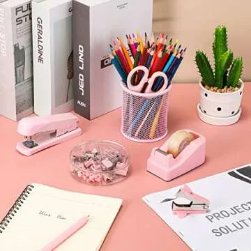 Sabary Desk Accessory Kit Office Supplies Set of Stapler, Staple Remover, Binder Clips, Paper Clips, Push Pins, Staples, Ballpoint Pen, Scissors, Tape Dispenser, Pen Holder for Gift(Pink)