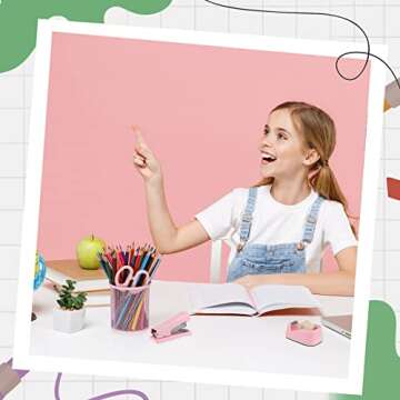 Sabary Desk Accessory Kit Office Supplies Set of Stapler, Staple Remover, Binder Clips, Paper Clips, Push Pins, Staples, Ballpoint Pen, Scissors, Tape Dispenser, Pen Holder for Gift(Pink)