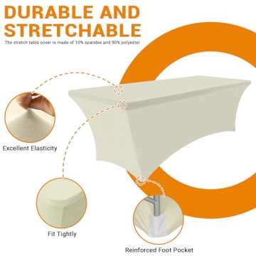 Eurmax USA 4Ft Rectangular Fitted Spandex Tablecloths Wedding Patio Table Covers Event Stretchable Tablecloth (Ivory)