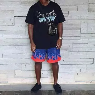 DIOTSR Mens Graphic Shorts Casual Streetwear Cool Basketball Shorts Running Workout Shorts with Pockets (05 Flame - Blue,Large)