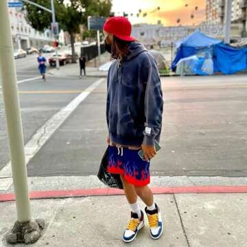 DIOTSR Mens Graphic Shorts Casual Streetwear Cool Basketball Shorts Running Workout Shorts with Pockets (05 Flame - Blue,Large)