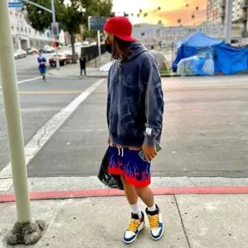 DIOTSR Mens Graphic Shorts Casual Streetwear Cool Basketball Shorts Running Workout Shorts with Pockets (05 Flame - Blue,Large)