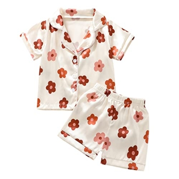Qiylii 1-6Y Toddler Girls Floral Silk Pajamas Short Sleeve Button-Up Top Shorts Summer 2PC Flowers S...