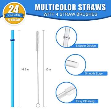24 PCS, Reusable Straws with 4 Brushes, 10.5" Long Tritan Hard Plastic Straws, 12 Colors Translucent Replacement Drinking for 16OZ-32 OZ Tumblers, Cups, Jars, Stanley, YETI, Starbucks, BPA Free