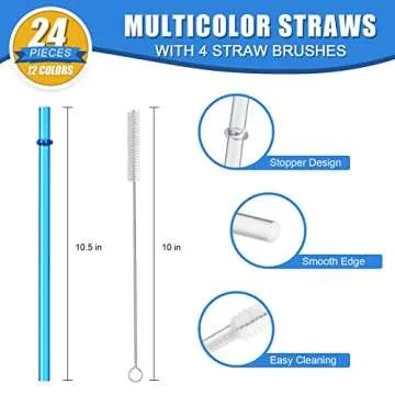 24 PCS, Reusable Straws with 4 Brushes, 10.5" Long Tritan Hard Plastic Straws, 12 Colors Translucent Replacement Drinking for 16OZ-32 OZ Tumblers, Cups, Jars, Stanley, YETI, Starbucks, BPA Free