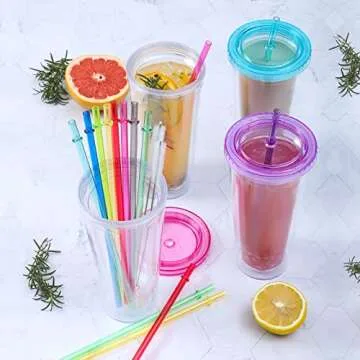 24 PCS, Reusable Straws with 4 Brushes, 10.5" Long Tritan Hard Plastic Straws, 12 Colors Translucent Replacement Drinking for 16OZ-32 OZ Tumblers, Cups, Jars, Stanley, YETI, Starbucks, BPA Free