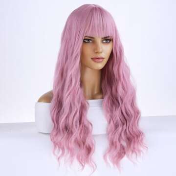 BEAUTIFUL 26 Inch Pink Wig with Bangs for Parties