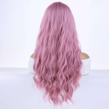 BEAUTIFUL 26 Inch Pink Wig with Bangs for Parties