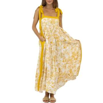 Women Summer Boho Tie Shoulder Dress Y2k Floral Smocked Flowy Long Dress Ruffle Tiered Beach Vocation Sundress(Ruffle Green,Small)